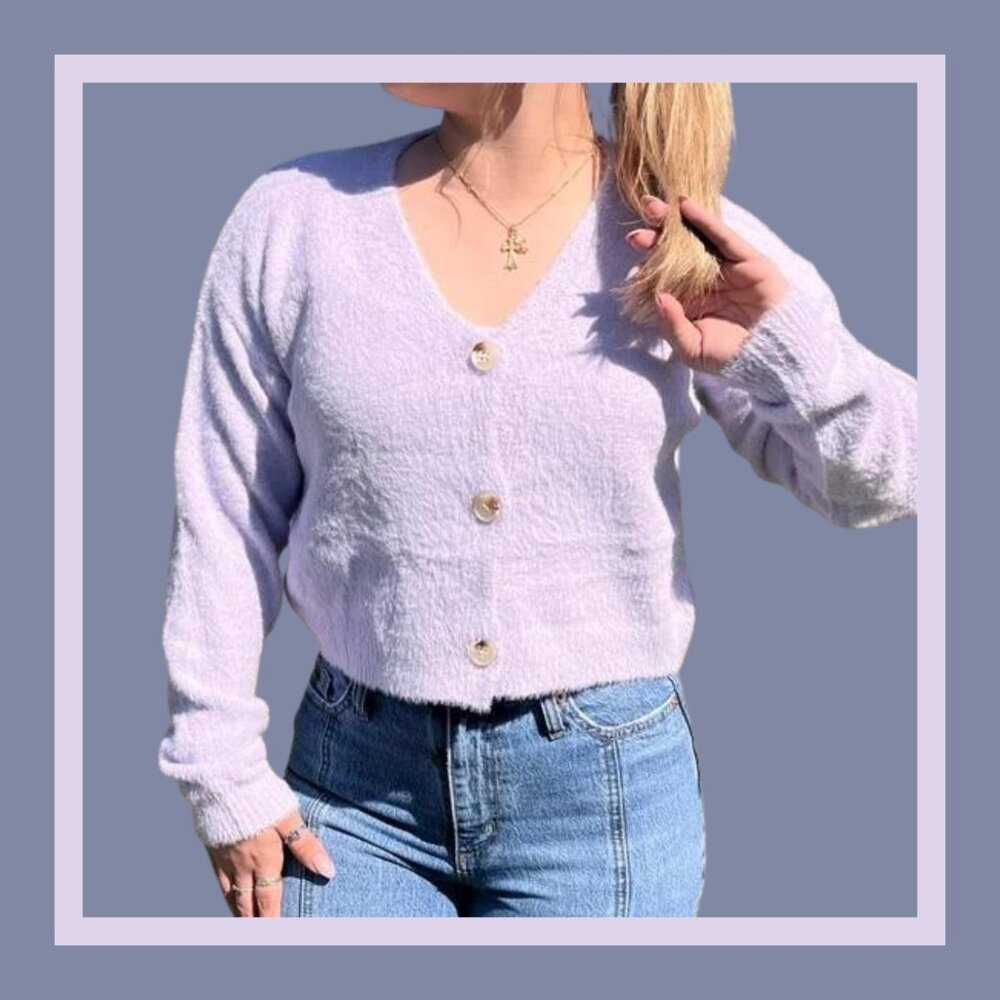 Purple Fleece Crop Cardigan